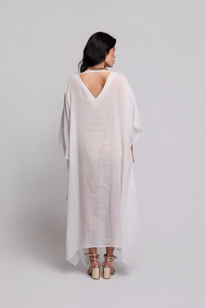 Kaftan Flora Rami Branco Bordado Azul