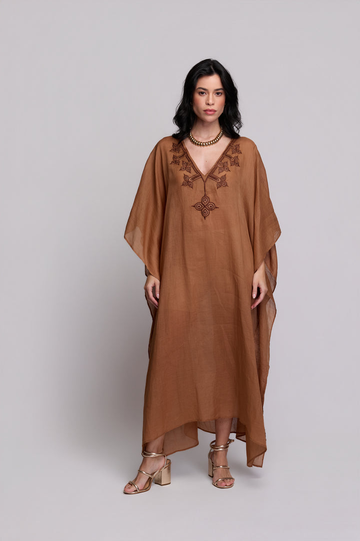 Kaftan Flora Rami Marrom Bordado Marrom