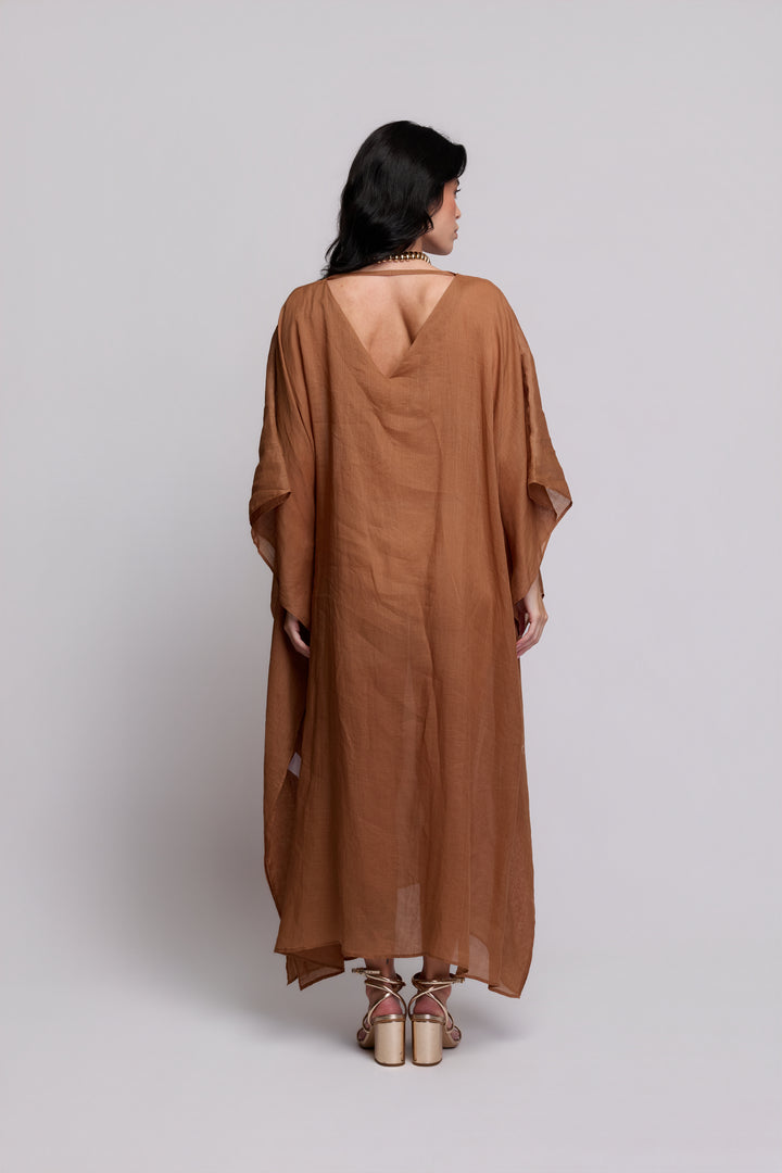 Kaftan Flora Rami Marrom Bordado Marrom