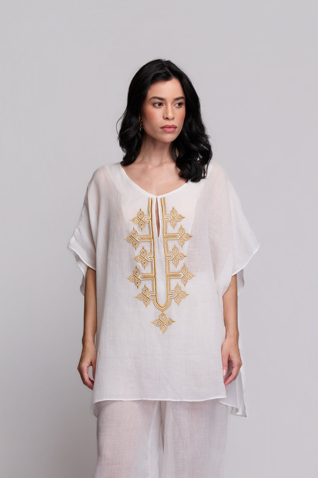 Blusa Flora Rami Branco Bordado Dourado