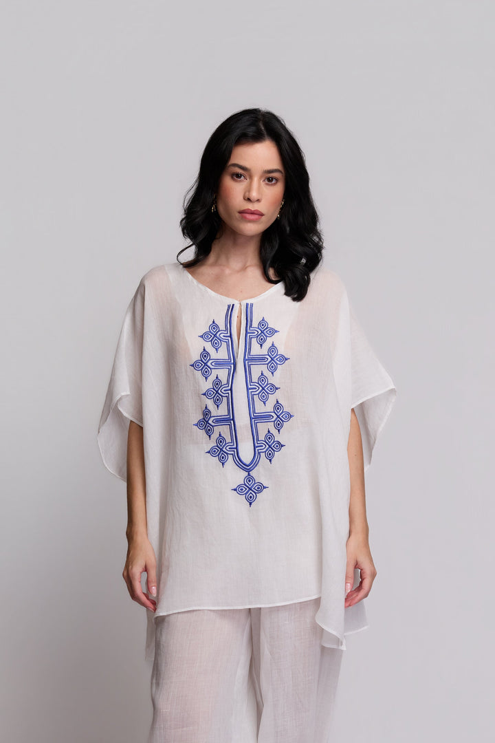 Blusa Flora Rami Branco Bordado Azul