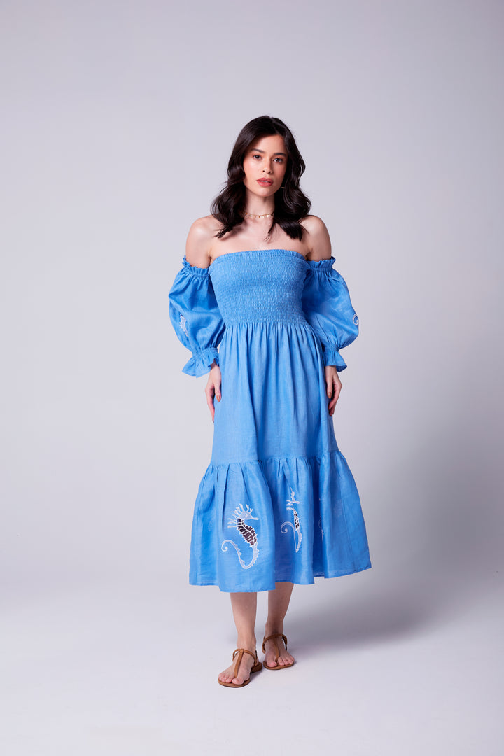 Vestido Lastex Oceano Linho Bordado Cavalo Marinho