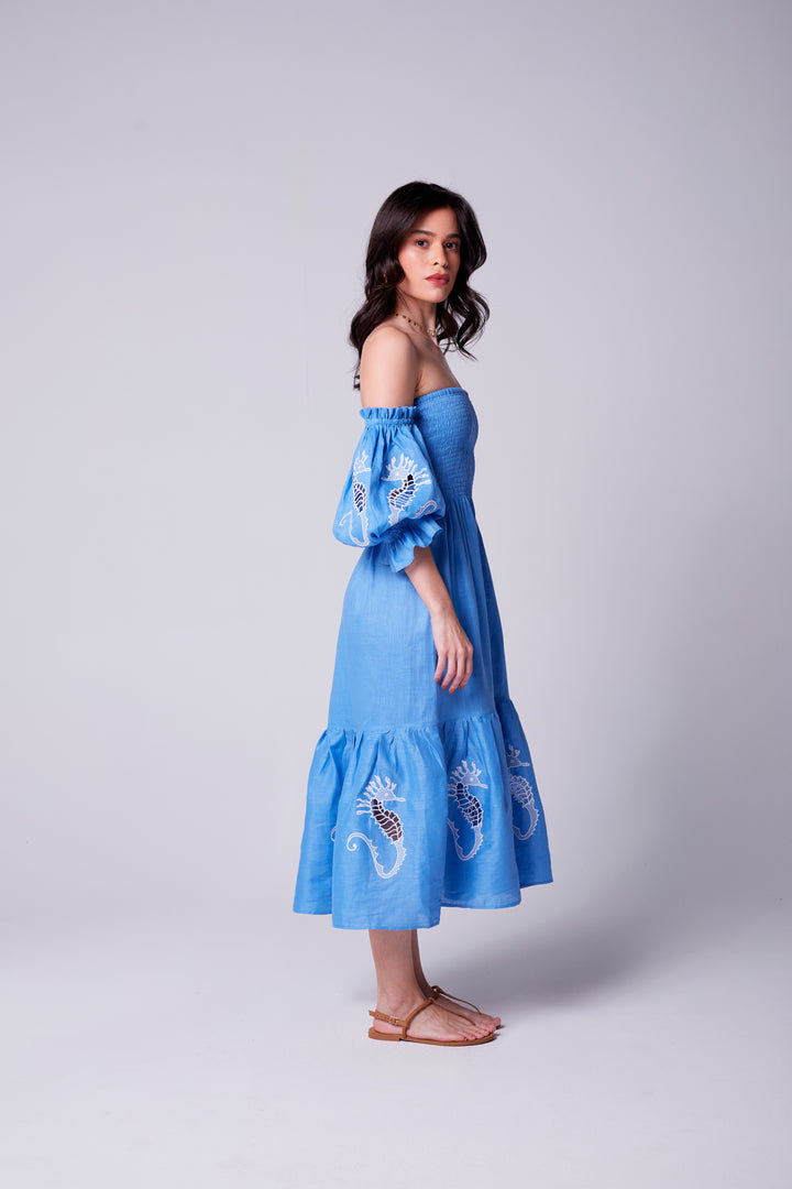 Vestido Lastex Oceano Linho Bordado Cavalo Marinho