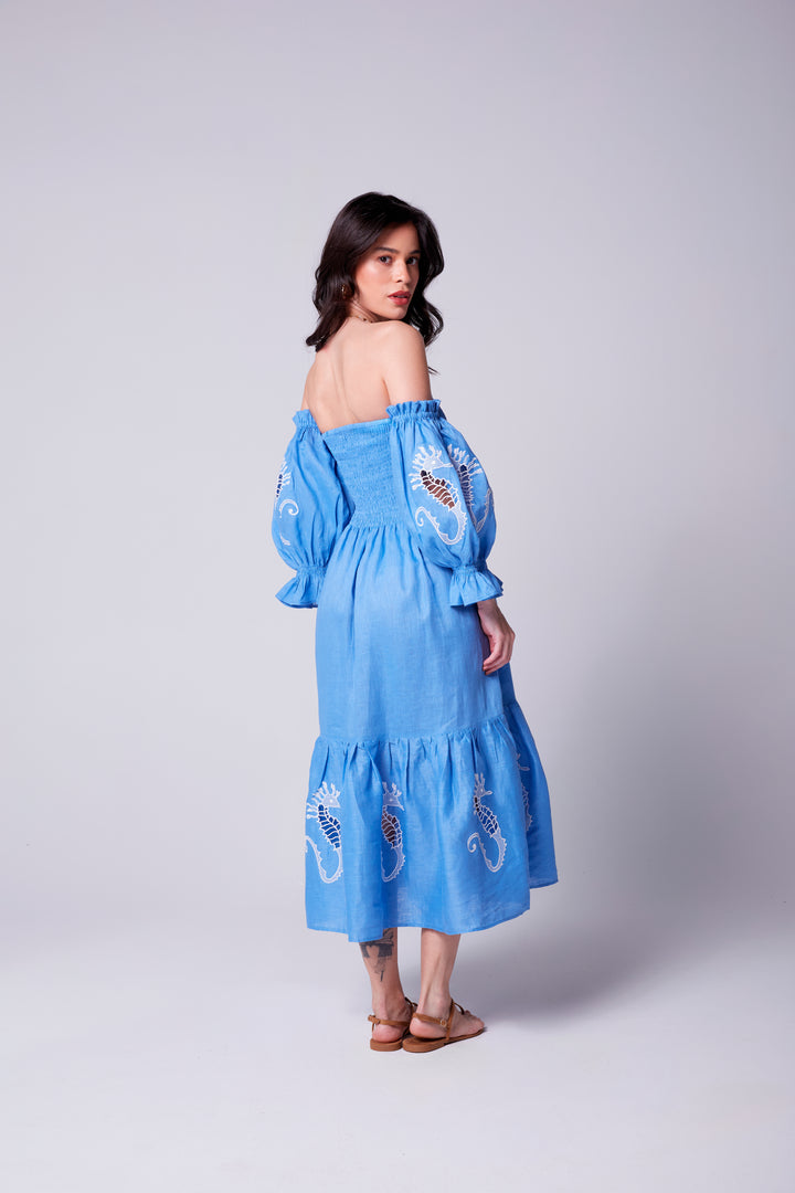 Vestido Lastex Oceano Linho Bordado Cavalo Marinho