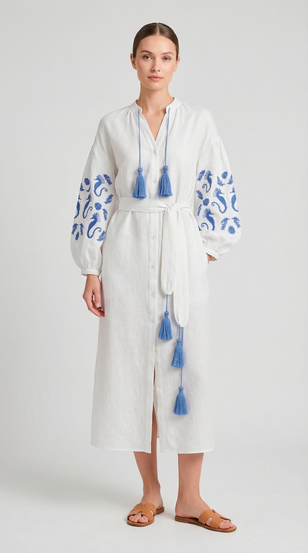 Vestido Chemise Oceânica Branco com Azul Caribe