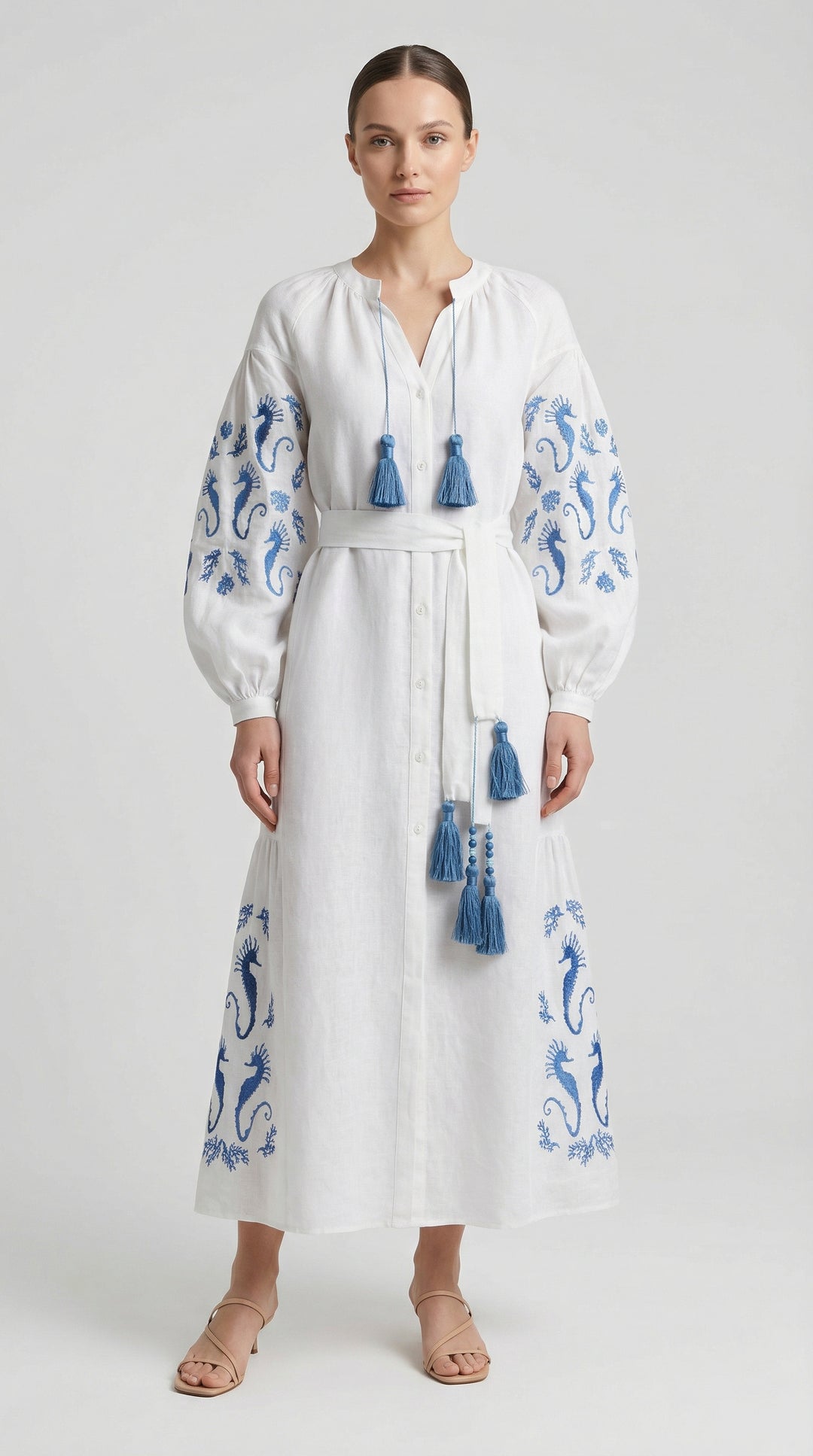 Vestido Nesga Oceânica Branco com Azul Caribe
