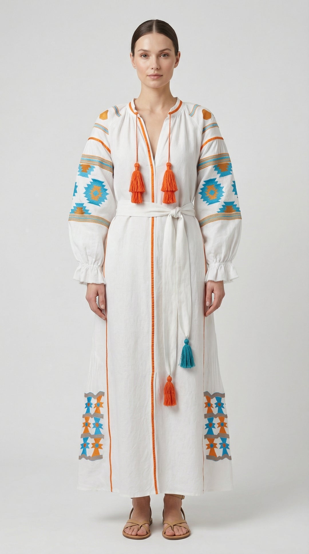 Vestido Marrocos Branco com Azul e Laranja