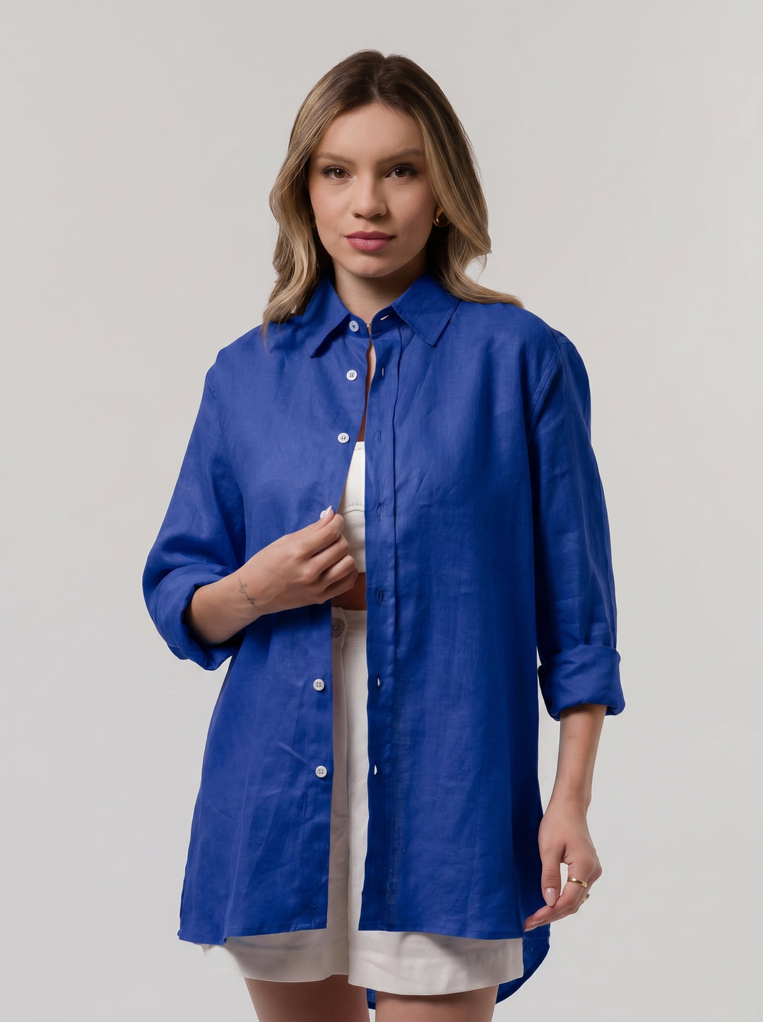 Camisa Cocar Slim Azul Marinho com Rosa