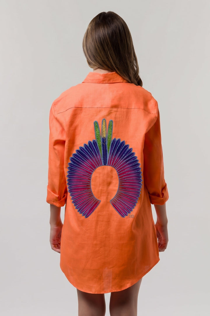 Camisa Cocar Slim Laranja com Rosa