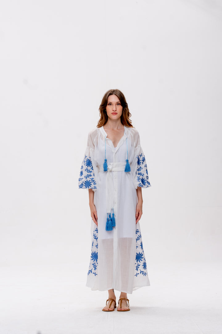 Vestido Nesga Afrodity Rami Branco Bordado Azul