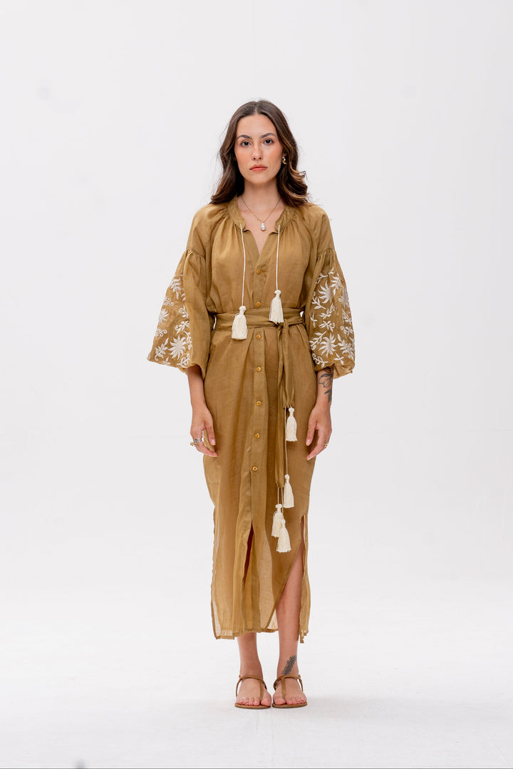 Vestido Chemise Afrodity Rami Dourado Bordado Pérola