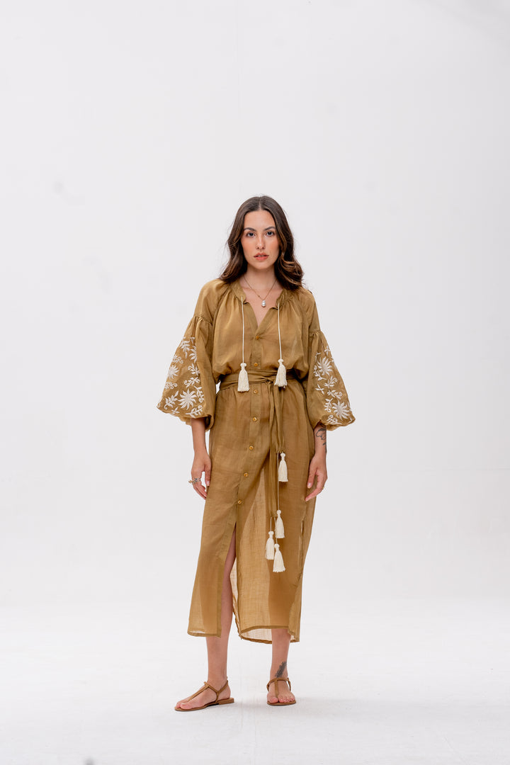 Vestido Chemise Afrodity Rami Dourado Bordado Pérola
