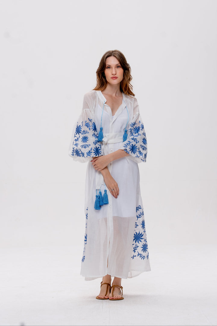 Vestido Nesga Afrodity Rami Branco Bordado Azul