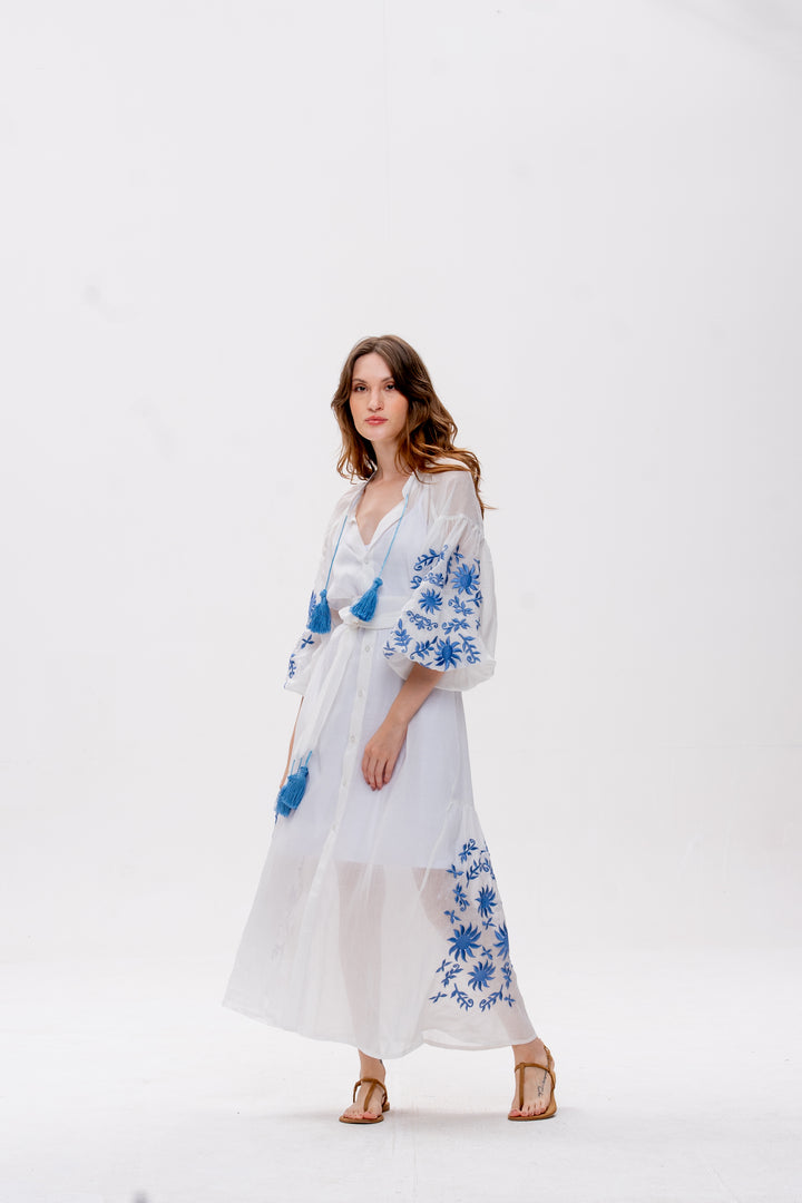 Vestido Nesga Afrodity Rami Branco Bordado Azul