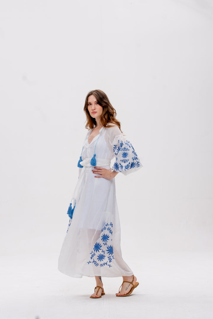 Vestido Nesga Afrodity Rami Branco Bordado Azul