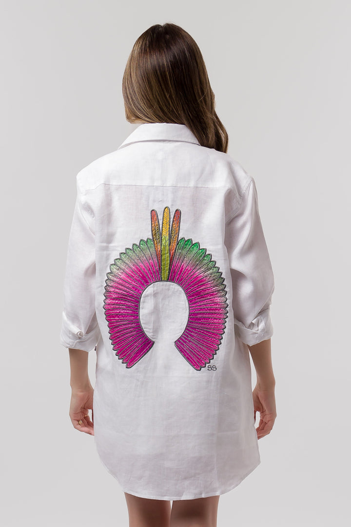 Camisa Cocar Slim Branco com Rosa