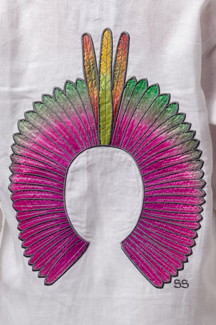 Camisa Cocar Slim Branco com Rosa