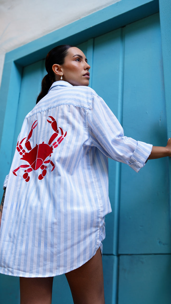 Camisa Maré Alta Algodão Listrado Azul Bordado King Crab Vermelho
