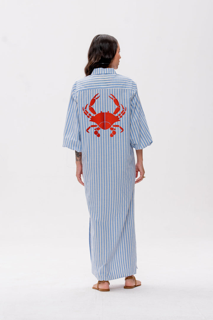Chemise Longa Maré Alta Listrada Azul King Crab Vermelho