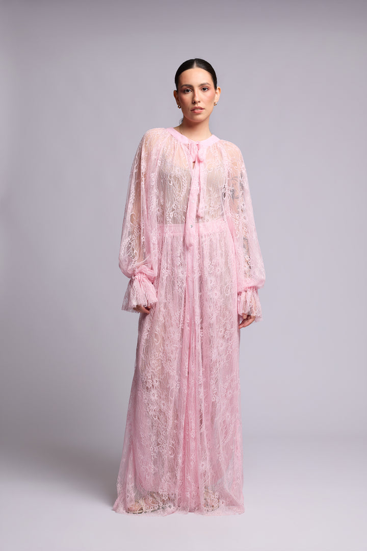 Vestido Benedita Renda Chantilly Rosa Claro