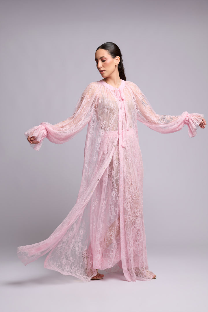 Vestido Benedita Renda Chantilly Rosa Claro