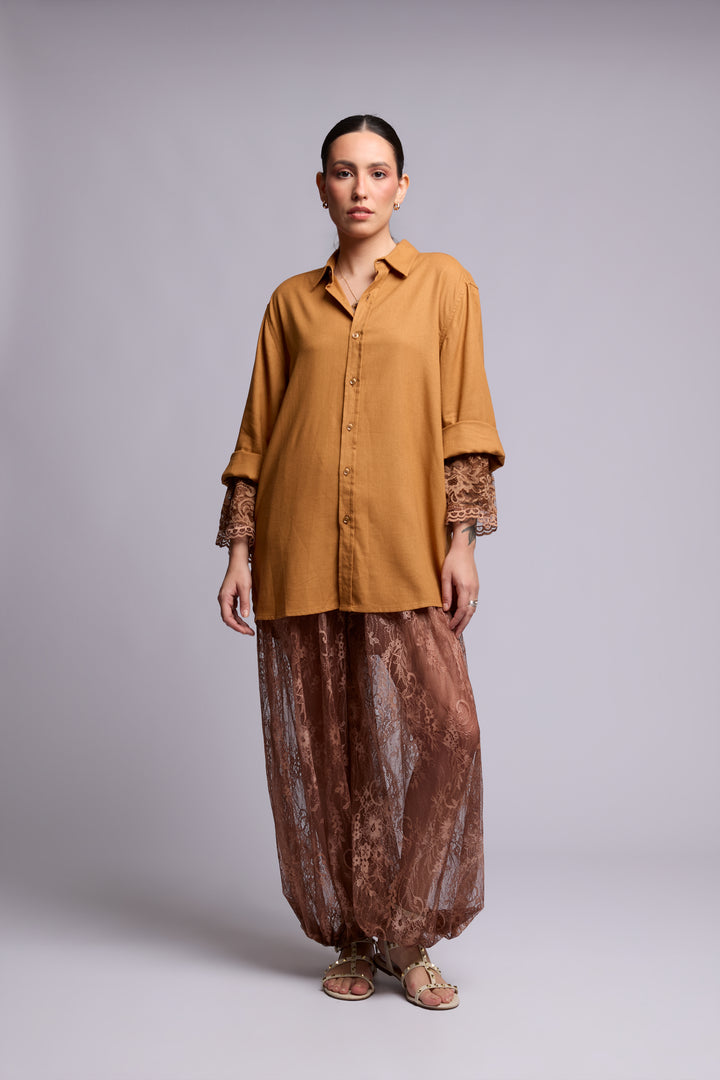 Calça Aladim Benedita Renda Chantilly Marrom