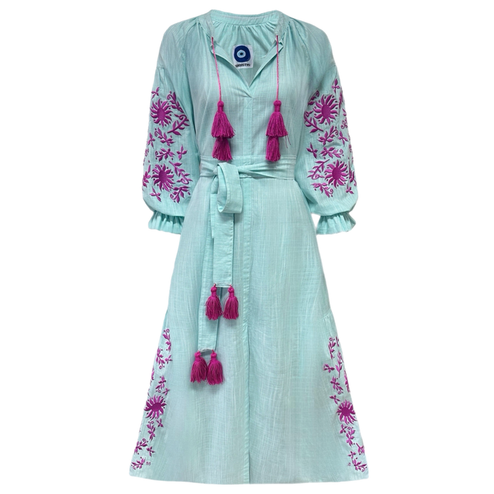 (OL) Vestido Joana Verde Água com Fucsia