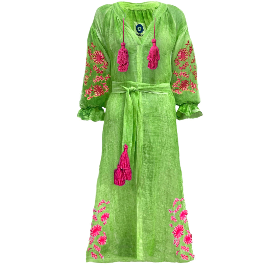 Vestido Valentina Verde Maçã com Rosa Chiclete