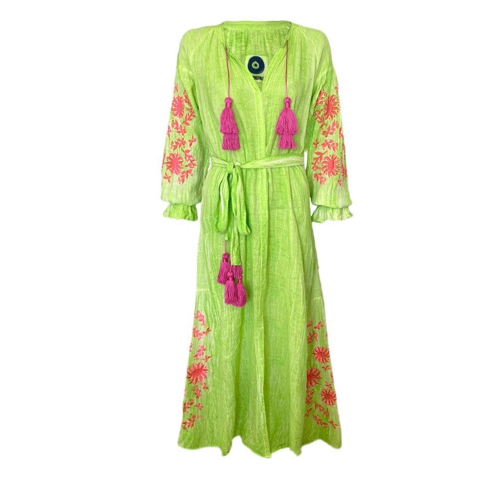 Vestido Gaze de Linho Duo Verde Com Rosa - Sohoostyle